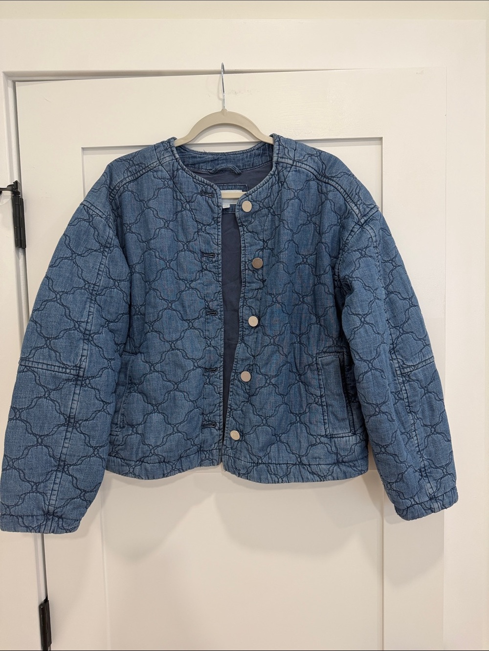 Per Una Women’s Quilted Denim Jacket Light Indigo Blue Geometric Pattern US 4/
